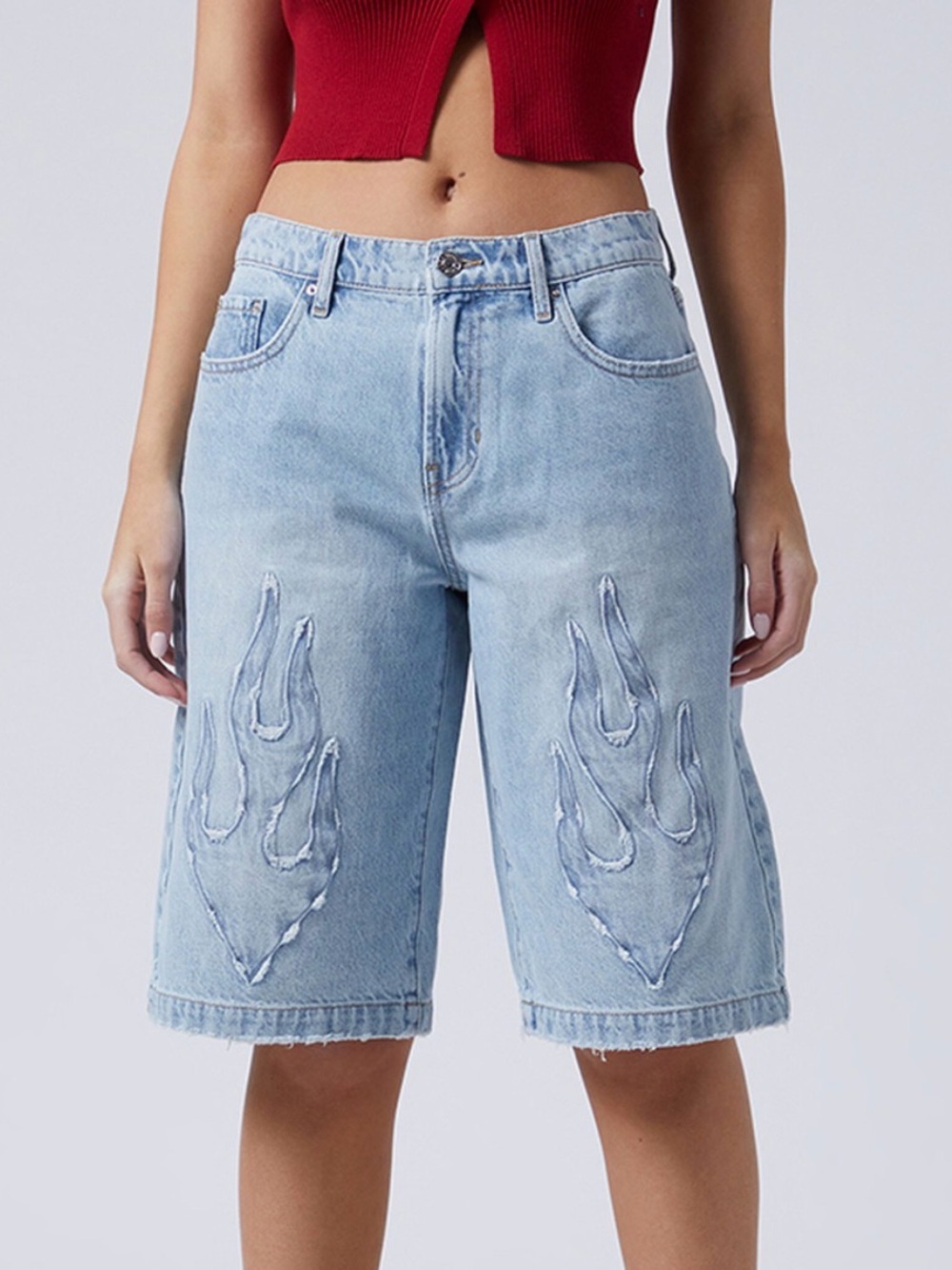 PacSun Light Blue Denim Flame Embroidered Bermuda Shorts